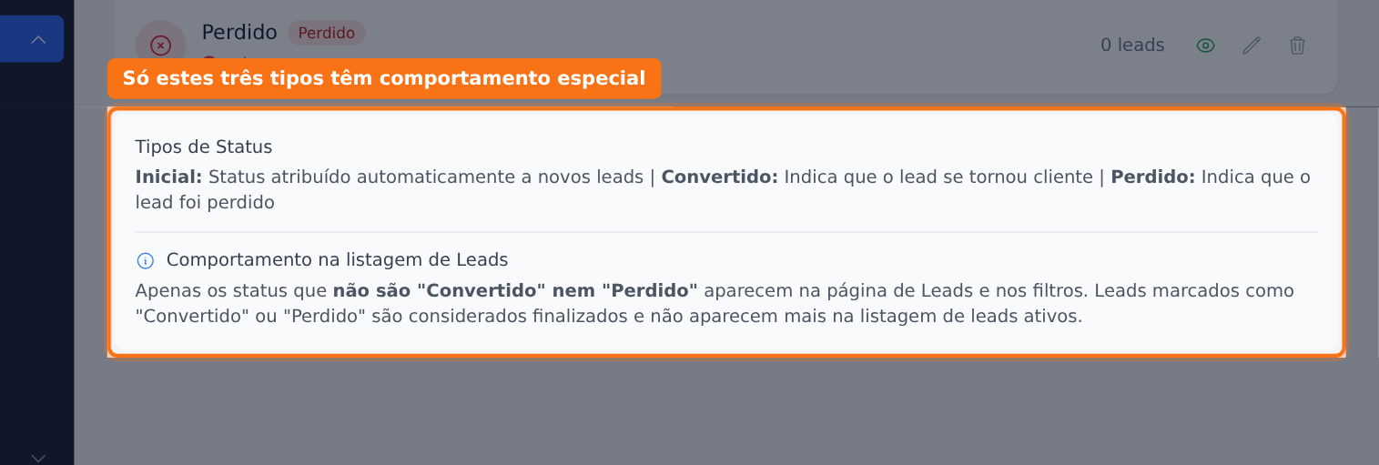 Só os status Convertido e Perdido tiram o lead da listagem de Leads ativos