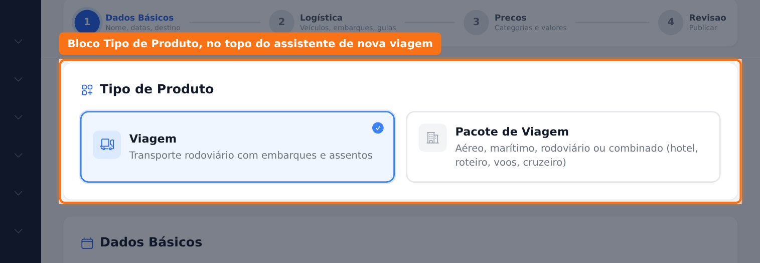 Bloco Tipo de Produto no topo do assistente, com os dois cards (Viagem e Pacote de Viagem) e a barra com as 4 etapas do wizard acima