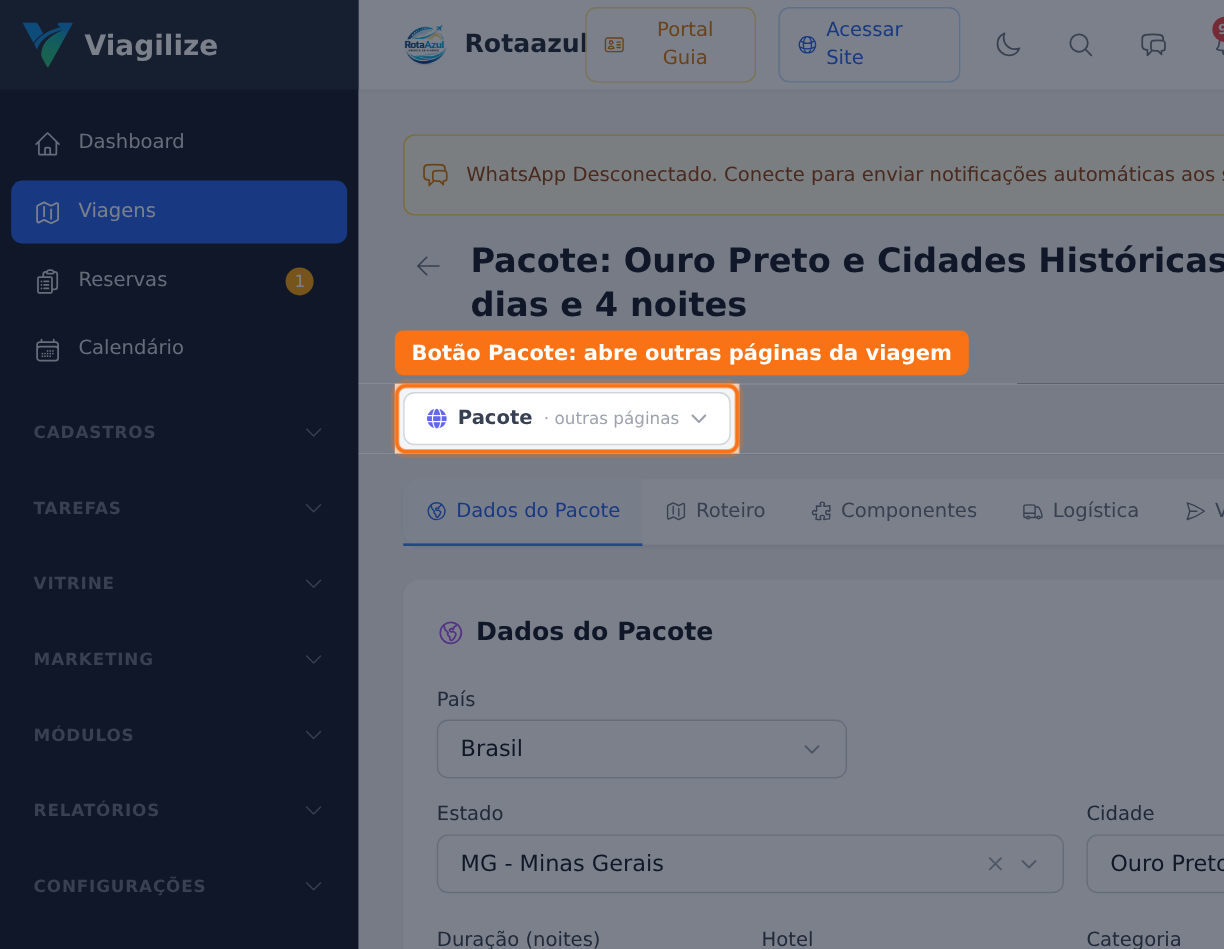 Botão Pacote, abaixo do título da viagem, abre o menu de outras páginas e leva à página com as abas Dados do Pacote, Roteiro, Componentes, Logística e as demais