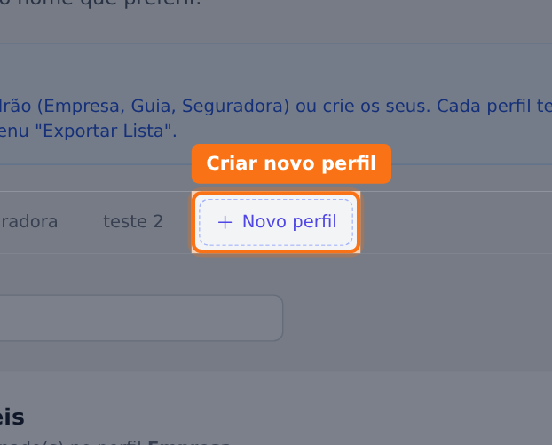 O botão + Novo perfil fica ao lado das abas dos perfis existentes, no topo da página