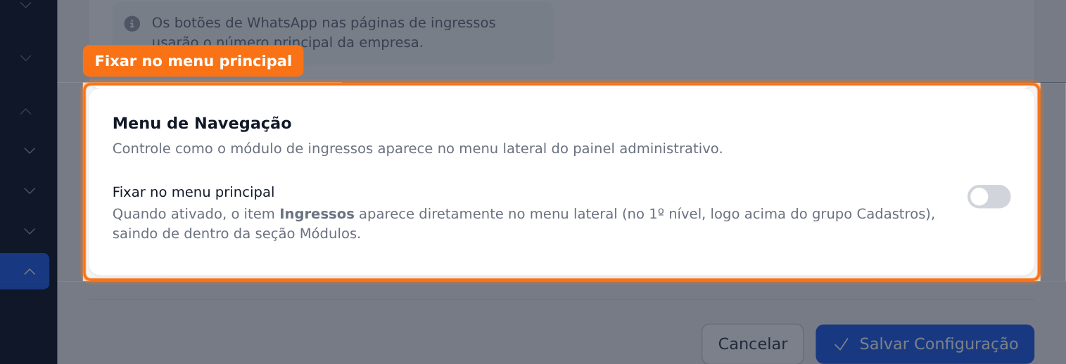 O card Menu de Navegação, com o interruptor Fixar no menu principal à direita