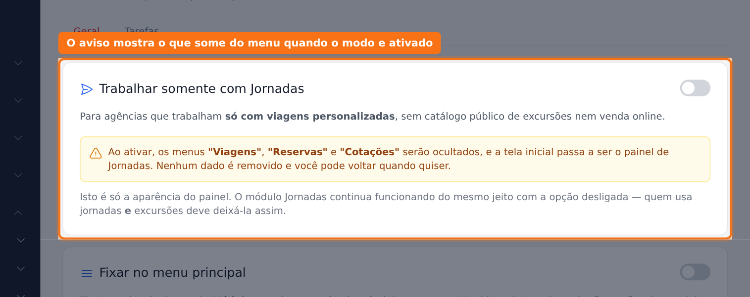 O aviso mostra o que some do menu quando o modo é ativado