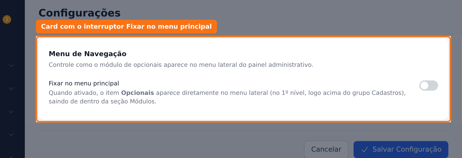 Card Menu de Navegação, com o interruptor Fixar no menu principal à direita